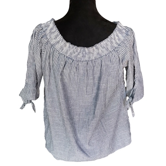 Michelle Thomas Gray and Navy Striped Off The Shoulder Blouse - Picture 1 of 7